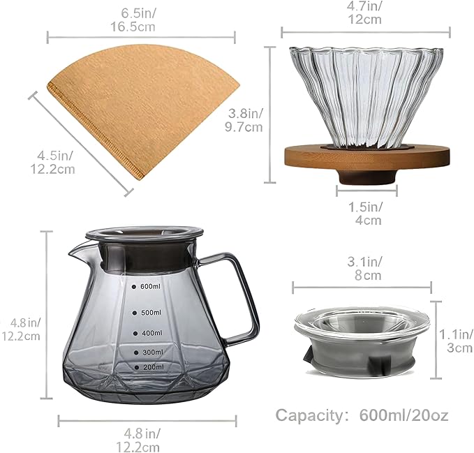 V60 Pour Over Coffee Maker Set with 100 Paper Filters Glass Dripper and 20 oz Carafe Manual Drip Coffee Brewer with Bamboo Base for Home or Office Barista Style Pour Over Kit