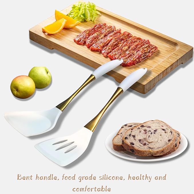 Elegant White Gold Silicone Cooking Utensils Set - Non-Toxic Dishwasher Safe Kitchen Utensils Set with Heat Resistant Comfort Handles - Includes Spatula &amp Spoon for Nonstick Cookware