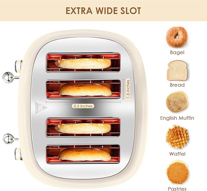4 Slice Toaster Roter Mond Retro Stainless Steel with Bagel Defrost Cancel Function 6 Browning Settings Extre Wide Slot and Removable Crumb Tray Cream ST033