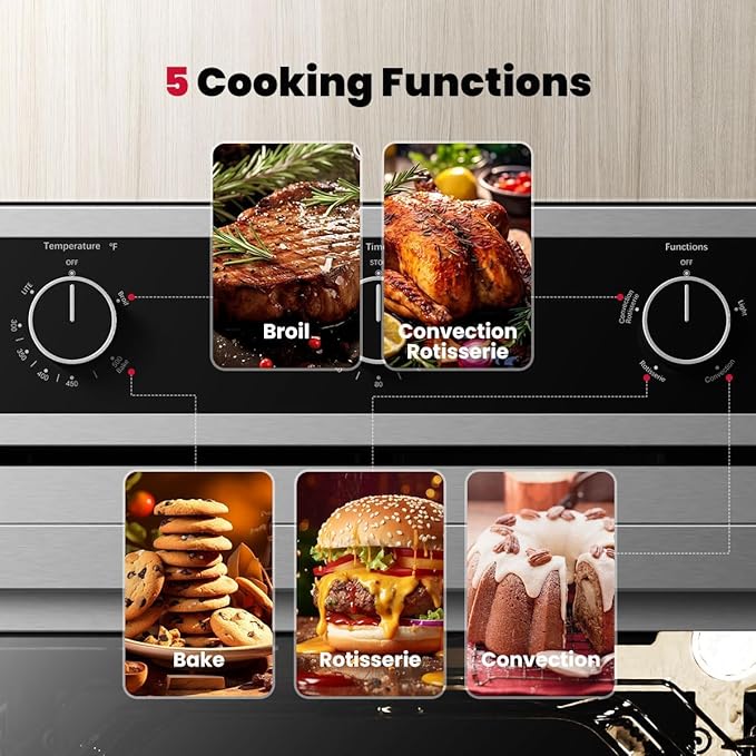 GASLAND 24 Gas Wall Oven ETL Certified Natural Gas Wall Oven Built-in Single Wall Oven with Bake Broil Rotisserie Functions Timer and Convection Fan 120V Cord Plug Stainless Steel