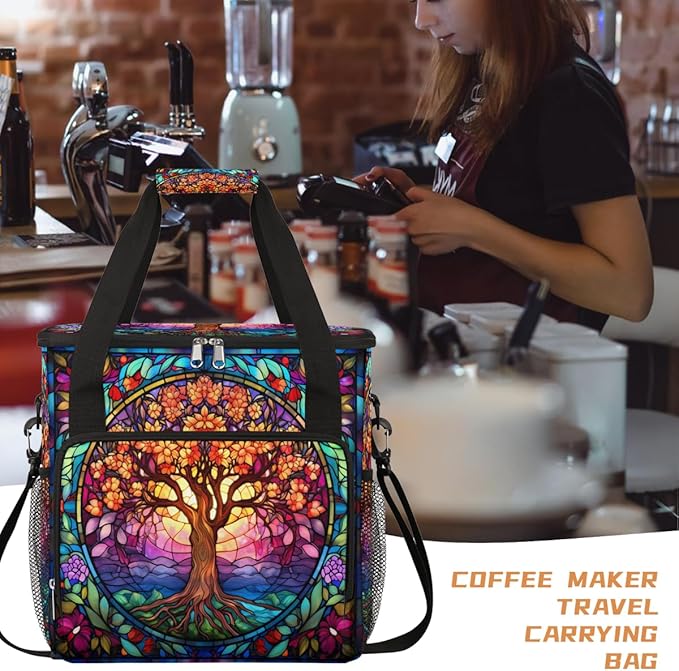 Tree Of Life Ethnic Painting Coffee Maker Carrying Bag Coffee Machine Travel Storage Bag Compatible with K-Mini or K-Mini Plus Portable Single Serve Coffees Brewer Case with Pockets for K-Cup Pods