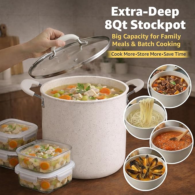 24Pcs Pots and Pans Set Non StickCeramic Cookware Set with 8Qt StockpotTitanium-Reinforced Long-Lasting NonstickPFAS-FreeInduction CompatibleComplete Kitchen Set for Batch Cooking &amp Family Me