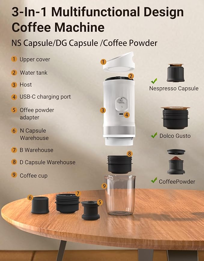Portable Electric Espresso Machine 3 IN 1 Self-Heating Travel Coffee Maker for Ground Coffee NS Capsule&ampDG Capsule 20 Bar Portable Coffee Maker with 9600mAh Battery for RV Hiking Office Camp