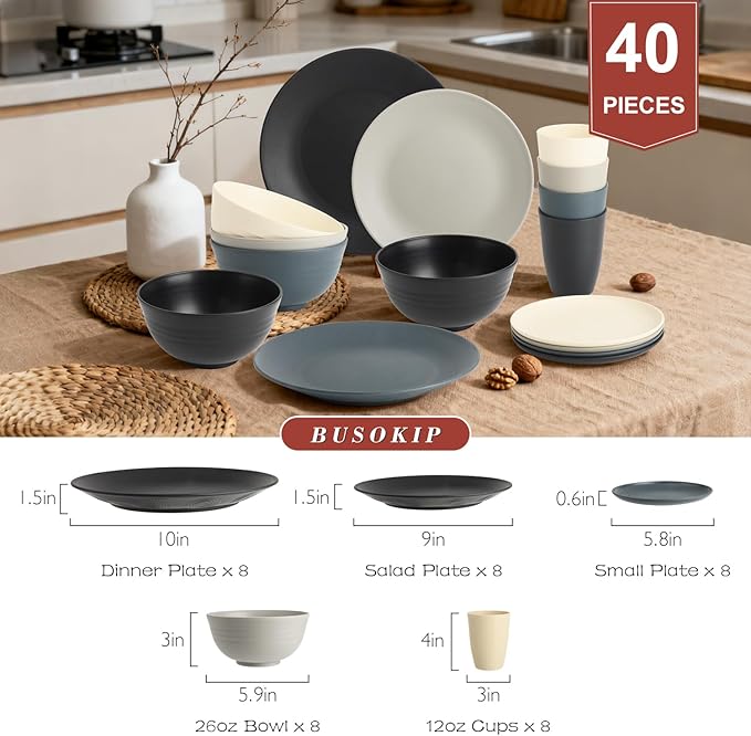 40 PCS Wheat Straw Dinnerware Set | Unbreakable Dishes Set for 8 - Alternative to Plastic Plates and Bowls Sets Cereal Bowl Water Cups Dishwasher &amp Microwave Safe Bowls for Kitchen - Dark