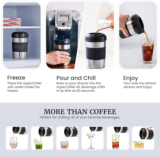 The Original but NEW Stainless-Steel HyperChiller HC2SS Patented Iced Coffee/Beverage Cooler Ready in One Minute Reusable for Iced Tea Wine Spirits Alcohol Juice 12.5 oz Stainless Steel