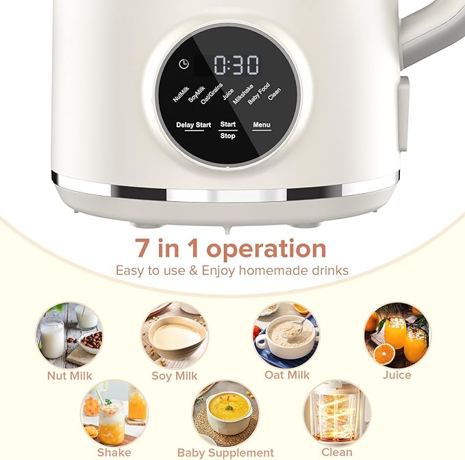 N7 Nut Milk Maker 50oz (1.5L) Automatic Soy Milk Maker Machine for Homemade Oat Milk Nutmilk Juice Milkshake Baby Food Grains Almonds Milk Maker with Delay Start/Keep Warm/Clean