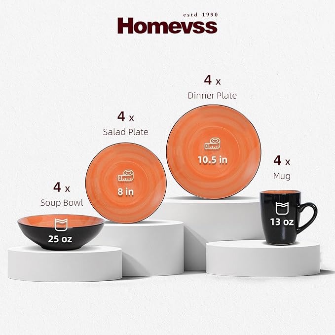 Sonoma 16 Piece Stoneware Dinner Set Outside Black + Inside Handpainted Color Orange with speckle