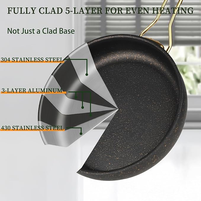 Fully Clad 5-Ply Stainless Steel Cookware Set 12Pcs Nonstick Pots and Pans Set with Stay-Cool Handles Induction Compatible Stackble Design Includes with Frying Pan Saucepans and Saute Pan (Black)