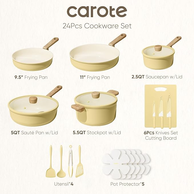 CAROTE 24pcs Ceramic Cookware Set Pots and Pans Non Stick Kitchen Cookware Sets Pots and Pans Set Cooking Set with Knife Set