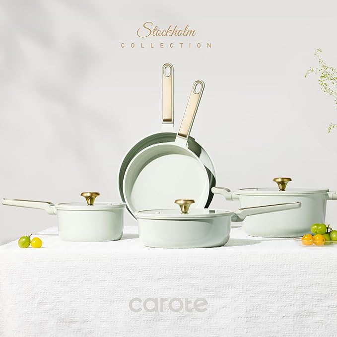 CAROTE Ceramic Cookware Set Nonstick 14pcs Pots and Pans Set Nonstick Non-Toxic &amp PFAS-Free Dishwasher RV/Camping Cookware Set Cooking Pots with Lids Sage Green