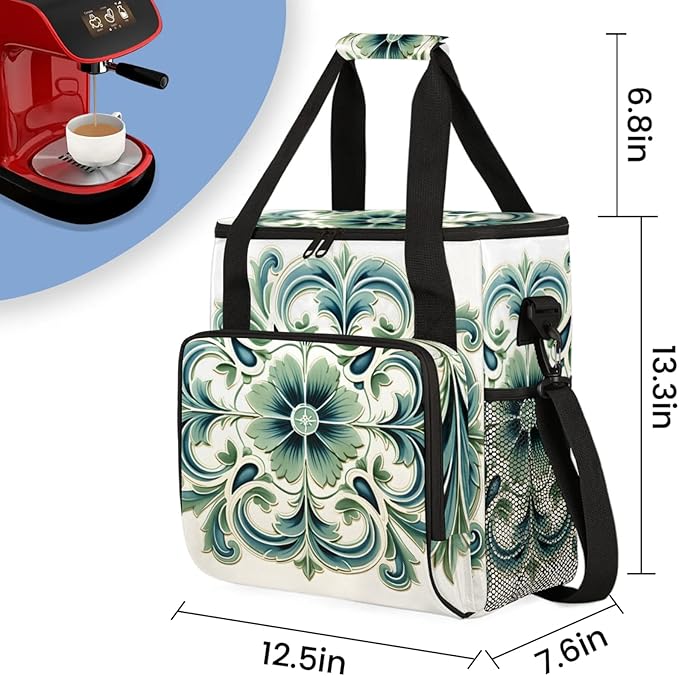 Green Floral Design Coffee Maker Travel Bag for Keurig K-Mini/K-Mini Plus Insulated Waterproof Tote with Pockets for K-Cup Portable Single-Serve Brewer Case