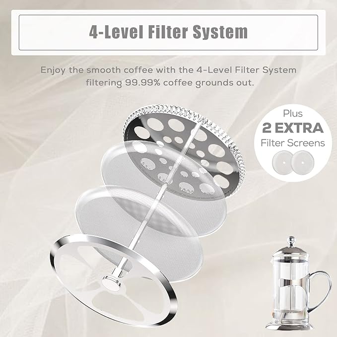DUJUST Silver French Press Set with 6 Cups &amp Tray Luxury Design Coffee Maker with 4-Level Filter System Hot &amp Cold Resistant Glass French Coffee Press Set Well Packed Holiday Gift &amp Ho