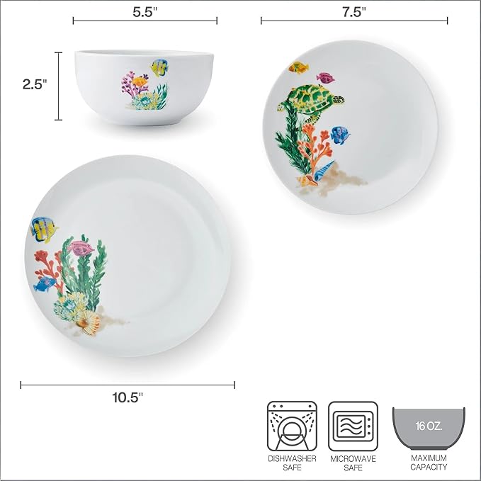 White Ocean Theme Ceramic Dinnerware Set 12-Piece Orange Fish Pattern Dishwasher Microwave Safe Ideal for Family Daily Dining &amp Friend Gatherings 4-Person Set