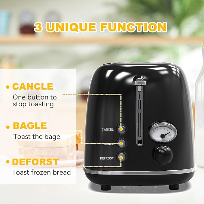 Toaster 2 sliceRetro Stainless Steel Toaster with 6 Settings 1.5 In Extra Wide Slots Bagel/Defrost/Cancel Function Removable Crumb Tray (Dark)