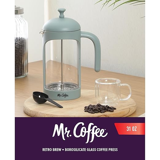 Mr. Coffee Retro Brew French Press Coffee Maker 31-Ounce Glass Carafe with High Heat Resistant Durable Borasilicate Glass &amp Teal Frame and Plunger Includes Coffee Scoop