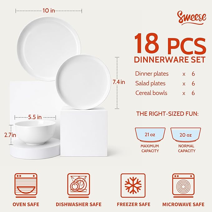 Sweese Porcelain Dinnerware Set of 6 Lightweight Round Plates and Bowls Set - Dishwasher Microwave Oven Safe Scratch Resistant Dinner Sets Kitchen Dishes Set - White