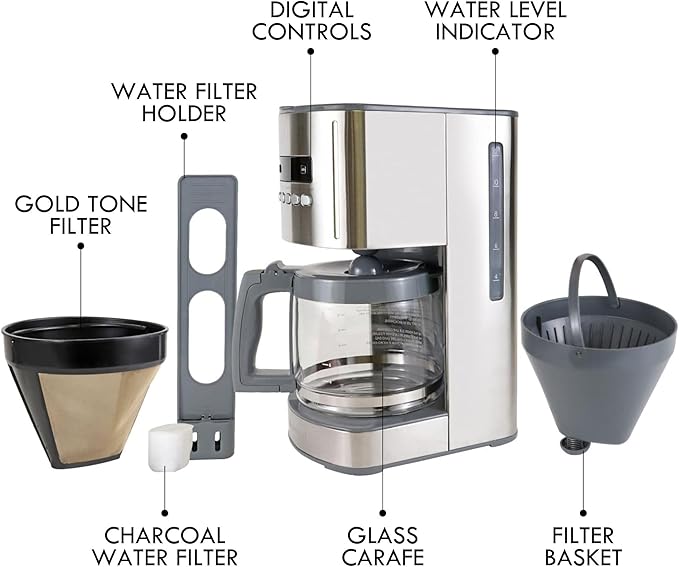Kenmore Drip Coffee Maker - 12 Cup Programmable Cafe Machine With Glass Pot Regular &amp Bold Brew Auto Shut Off Large Water Reservoir Reusable Filter Kitchen Appliances For Cafeteria Barista