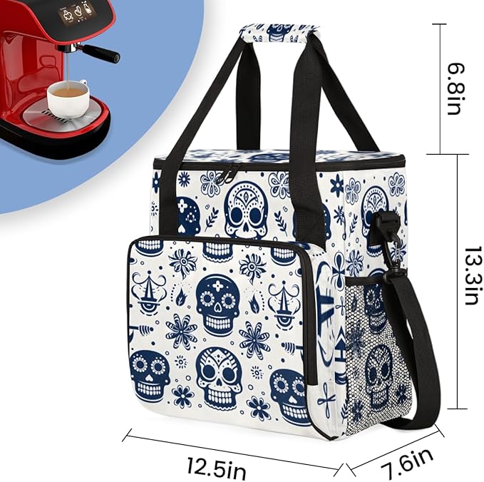 Skull Mandala Coffee Maker Carrying Bag Portable Travel Storage Tote Bag Compatible with K-Mini or K-Mini Plus Single Serve Coffee Brewer Carrying Case with Multiple Pockets &amp Shoulder Strap