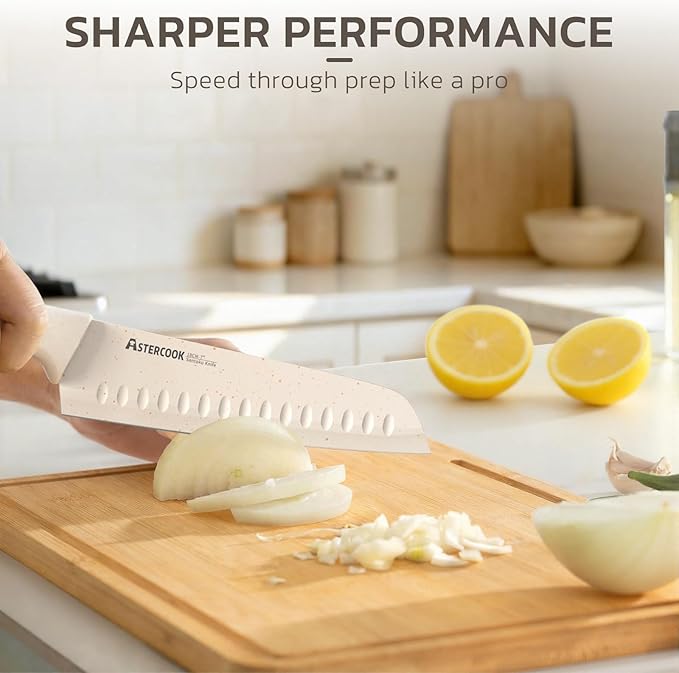 Astercook 23 Pcs Pots and Pans Non Stick Ceramic Cookware Set and 15 Pcs Kitchen Knife Set with Sharpener Block Anti-Rust Coating Cream White