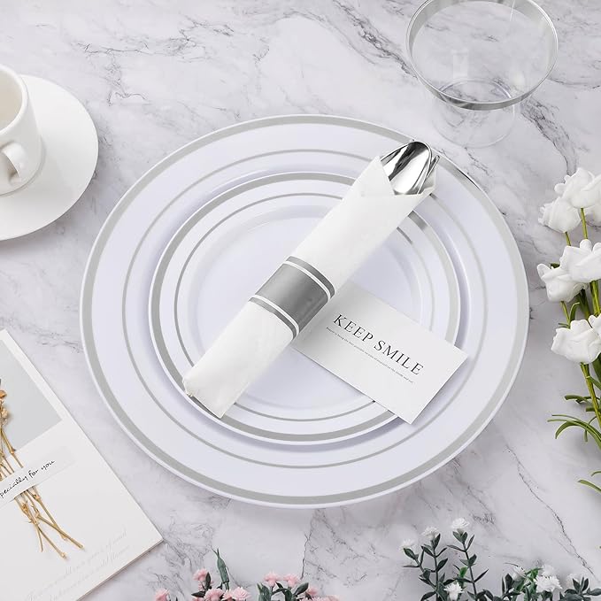 BESTVIP 350PCS Silver Plastic Dinnerware Set Disposable Party Plates for 50 Guests Include: 100 Plastic Plates 50 Pre Rolled Napkins with Silver Silverware 50 Cups
