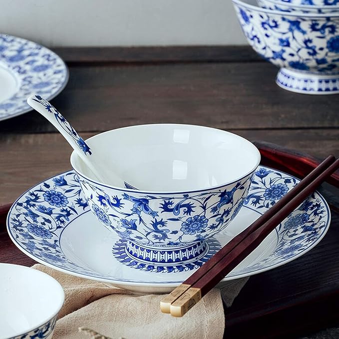 Dinnerware Set Plates and Bowls Sets 26 Pieces Blue And White Porcelain Dinnerware Set | Box Steak Plate Cereal Bowl And Soup Bowl For Wedding