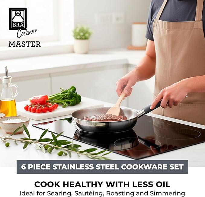 BRA COOKWARE Master 6 Piece Cookware Set | Stainless Steel Professional Kitchenware Set | 1 Stock Pot 1 Sauté Pan 2 Frying Pans 2 Lids | All Stovetop Compatible | PFAS Free | w/o Non-Stick