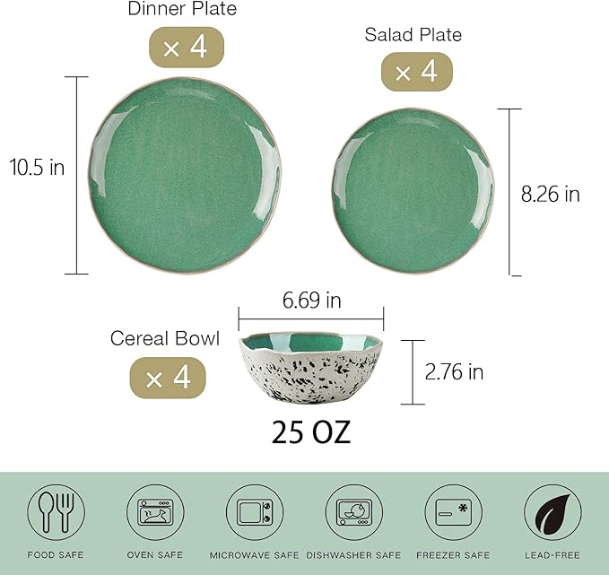 12pcs Dinnerware Set Service for 4 Handmade StonewareCeramic Dish Set Plates and Bowls set Dinner Set Reactive Glazed Microwave and Dishwasher Safe (GREEN)