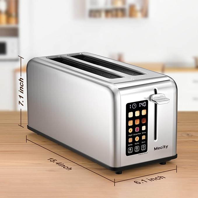 Mecity 4 Slice Toaster Touch Screen 1.5 Long Slot Stainless Steel Smart Bread Toaster for Bagel Muffin Waffle Gluten Free Breads Timer Defrost Reheat 120V 1400W