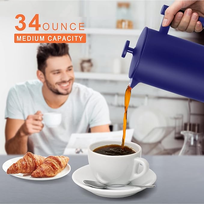 Secura French Press Coffee Maker 304 Grade Stainless Steel Insulated Coffee Press with 2 Extra Screens 34oz (1 Litre) Blue