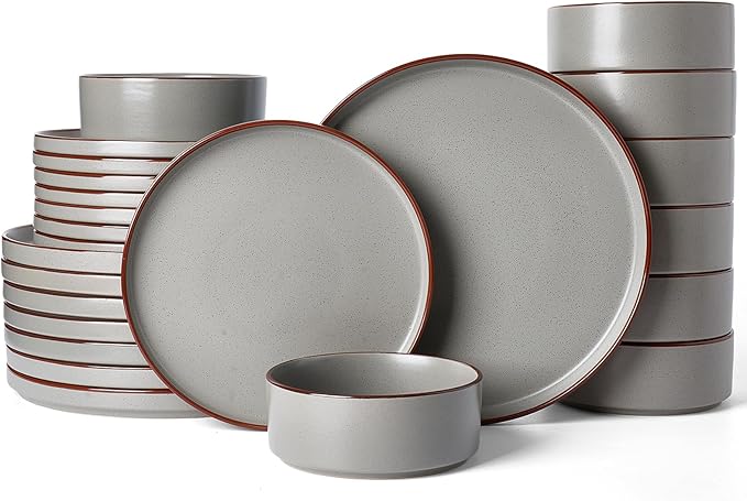 Famiware Nebula Ridge Stoneware Dinnerware Sets for 8 24 Pieces Plates and Bowls Sets Dishes Set Microwave and Dishwasher Safe Kitchen Plates Dark Gray