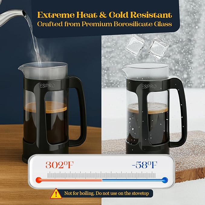 ESPRO P3 French Press Coffee Maker – Patented Double Micro-Filter for Grit-Free Brew Heat Resistant thicker Borosilicate Glass Coffee press – (18 oz)