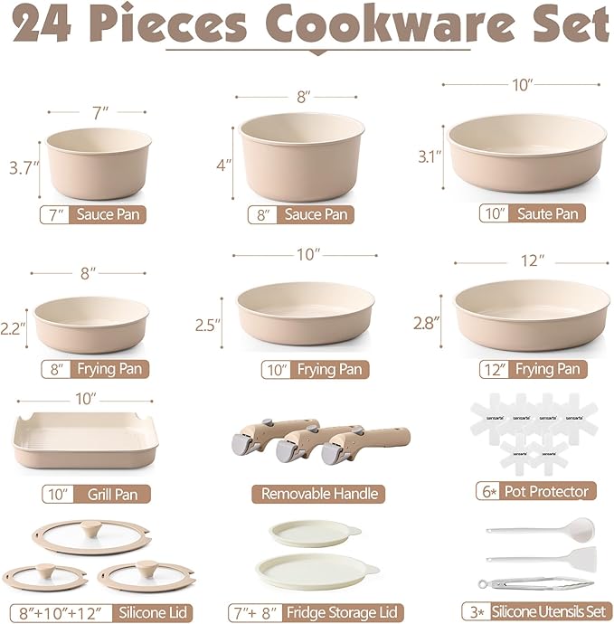 SENSARTE 24 Piece Ceramic Pots and Pans Set Nonstick Detachable Handle Cookware Induction Cookware Set with Removable Handle Healthy Non Stick for RV Dishwasher＆Oven Safe PFOA Free (Almond Beige)