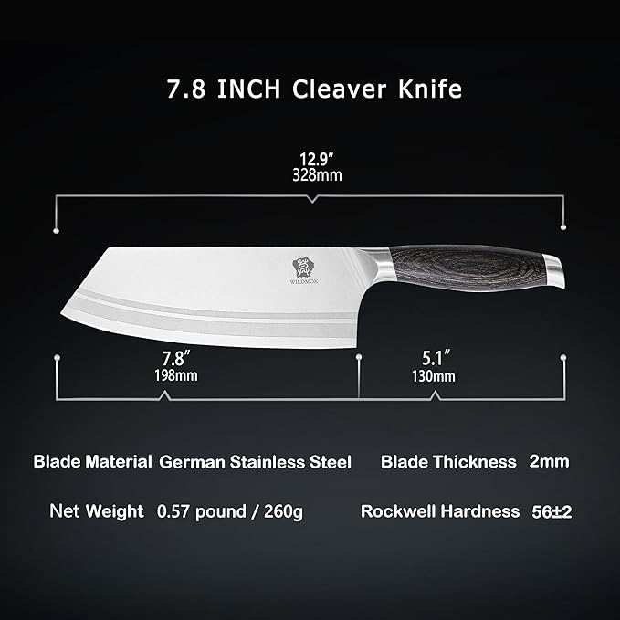 WILDMOK Meat Cleaver Knife 7.8 Inch Ultra Sharp Chinese Chef's Knives - Kitchen Chopping Knife German Steel &amp Ergonomic Handle for Meat Cutting Vegetable Slicing