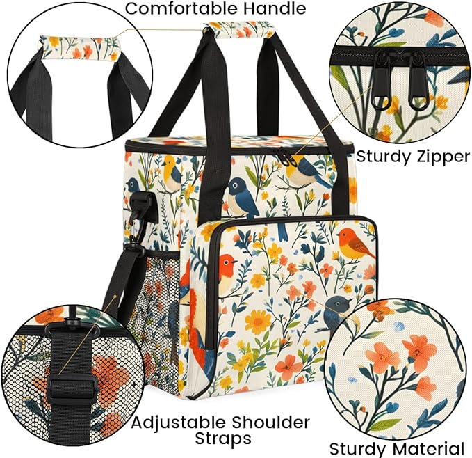 Birds Floral Coffee Maker Carrying Bag Portable Travel Storage Tote Bag Compatible with K-Mini or K-Mini Plus Single Serve Coffee Brewer Carrying Case with Multiple Pockets &amp Shoulder Strap