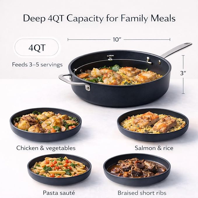 Alva Maestro 4QT Ceramic Nonstick Sauté Pan with Lid – Made With No PTFE PFOA PFAS Oven &amp Induction Safe to 400°F – Easy Clean Deep Sauté Pan for Family Meals Braising &amp One-Pot Cooking