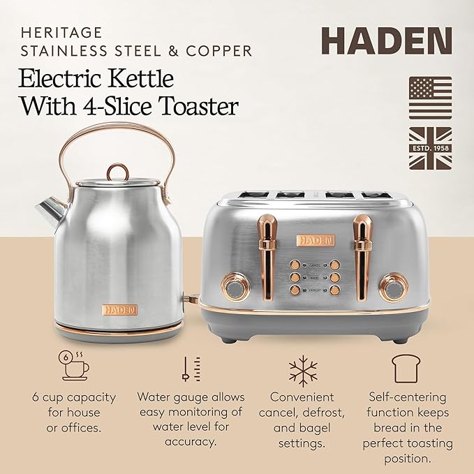 Haden Heritage 4 Slice Wide Slot Stainless Steel Toaster Bundled with 1.7 Liter Stainless Steel Electric Water Kettle Steel &amp Copper