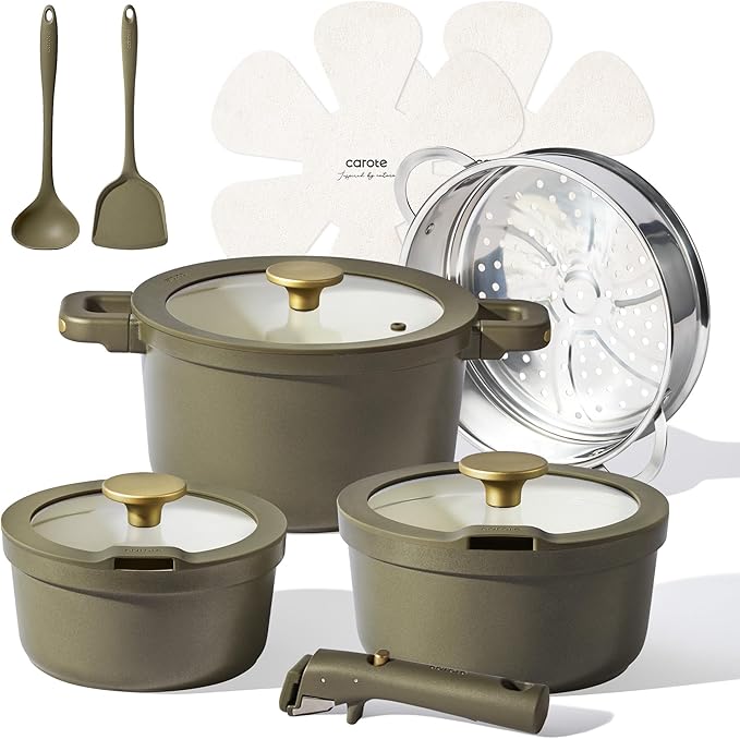 CAROTE Pots and Pans Set Nonstick Ceramic Cookware Set with Detachable Handles 5.5QT/3QT/2QT Non stick Stock Pot Non-toxic Induction Cookware PFAS and PFOA Free Olive Gree