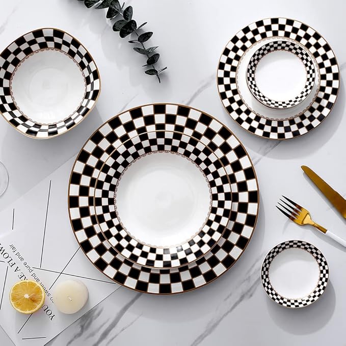 Porlien Checker Pattern 20-piece Round Dinnerware Set for 4 Porcelain Dinner Sets