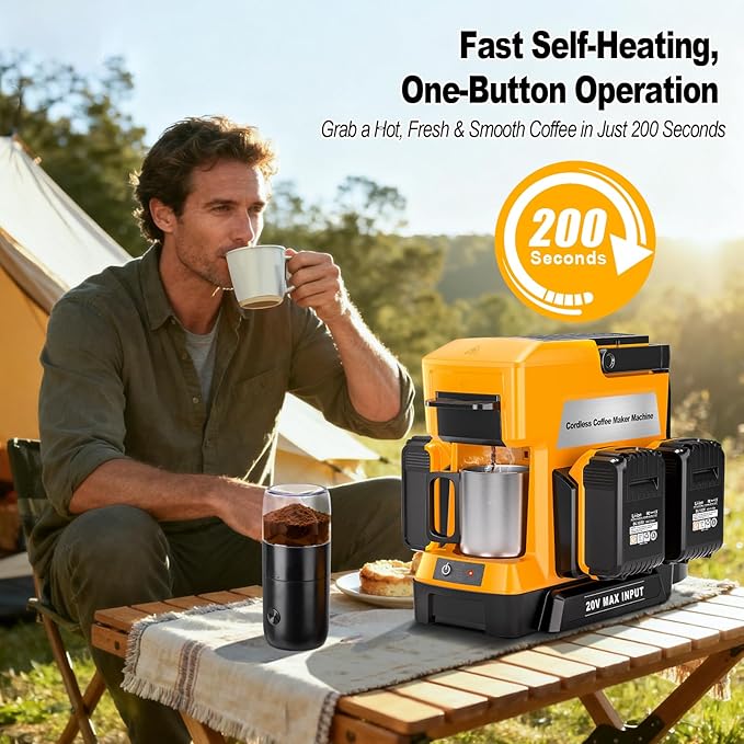 Taingwei Cordless Coffee Maker for Dewalt 20V Battery Portable Drip Coffee Maker with Electric Coffee Grinder for RV Camping Travel Car Hiking (Battery Not Included)