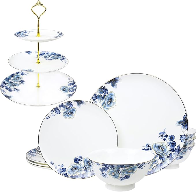 Fine Bone China Dinnerware Set for 4 3-Tier Afternoon Tea Stand Porcelain Cupcake Stand Serving Tray