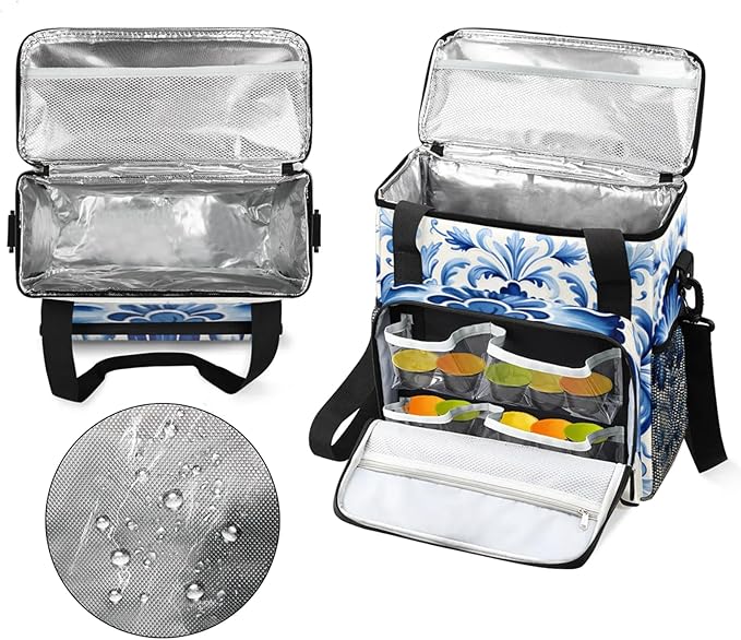 Floral Blue White Coffee Maker Travel Bag for Keurig K-Mini/K-Mini Plus Insulated Waterproof Tote with Pockets for K-Cup Portable Single-Serve Brewer Case
