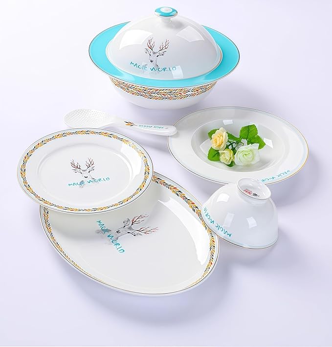36 Pcs Fine Bone China Dinnerware Set Porcelain &amp Ceramic Dinnerware Sets Bone Stoneware &amp Ceramic Cookware Tableware Set Includes Dinner Plates|Spoons|Pasta Bowls|Soup Pot|Chopsticks