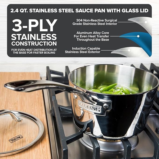 Viking 4-Piece Premium Cookware Bundle – 10” Nonstick Frying Pan 2.4 Qt Sauce Pan with Lid 8 Qt Stock Pot 6 Stainless Steel Kitchen Utensils – Oven &amp Dishwasher Safe Induction Ready
