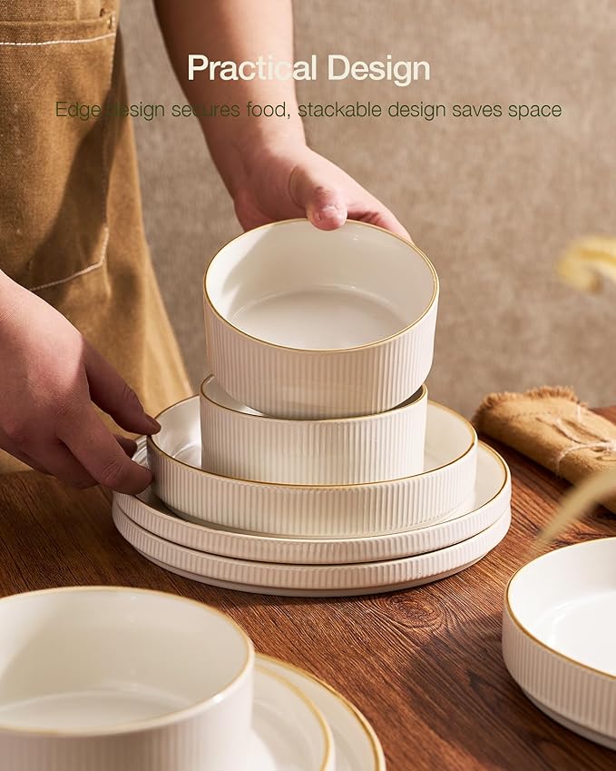Famiware Star Dinnerware Set Plates and Bowls Sets for 8 (24pcs) Ribbed Stoneware Dishes - Chip &amp Scratch Resistant Microwave &amp Dishwasher Safe Tableware White