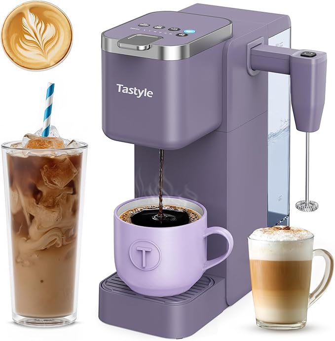 Single Serve Coffee Maker with Built-in Detachable Milk Frother Iced and Hot Coffee Machine for K Cup &amp Grounds 40oz Removable Water Reservoir 6 Cup Sizes Fits 7.3 Travel Mug Purple
