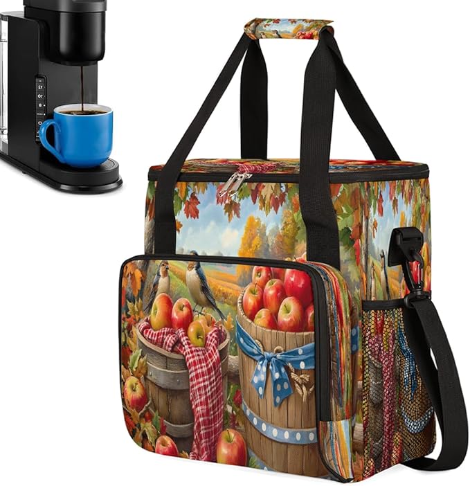 Autumn Apple Maple Leaves Bird Coffee Maker Carring Bag Travel Carrying Storage Tote Bag Compatible with Keurig K-Mini or K-Mini Plus Portable Single Serve Coffee Brewer Case with Pockets