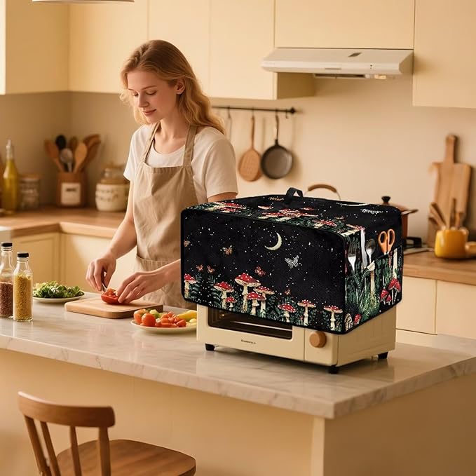 Toaster Oven Dust Cover with Accessory Pockets Neat Storage and Protection with Organizing Side Pockets for Kitchen Toaster Oven Appliances Decor Mushroom Moon