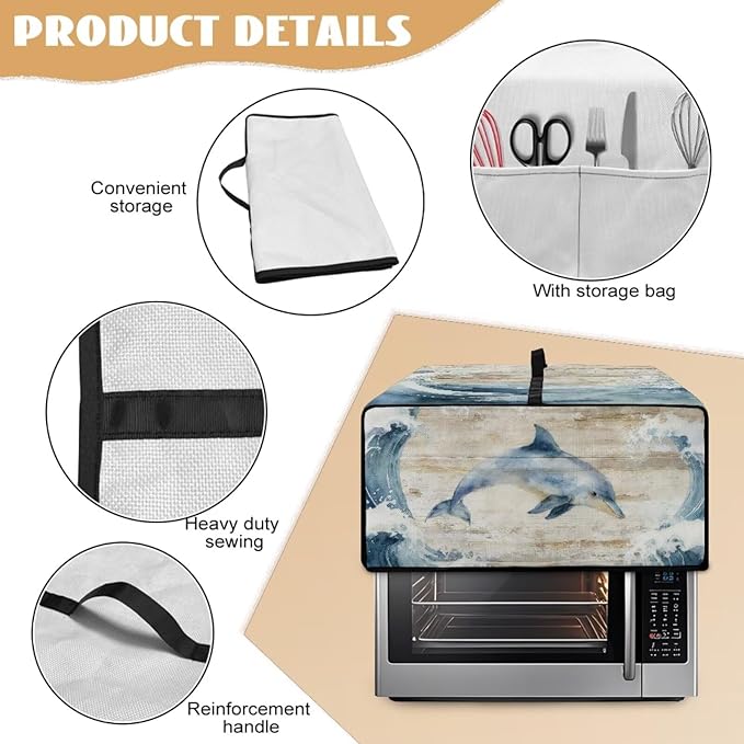 Dolphin Print Toaster Oven Air Fryer Cover Heavy Duty Bread Maker Machine Covers with Accessory Pockets Kitchen Small Appliance Accessories M