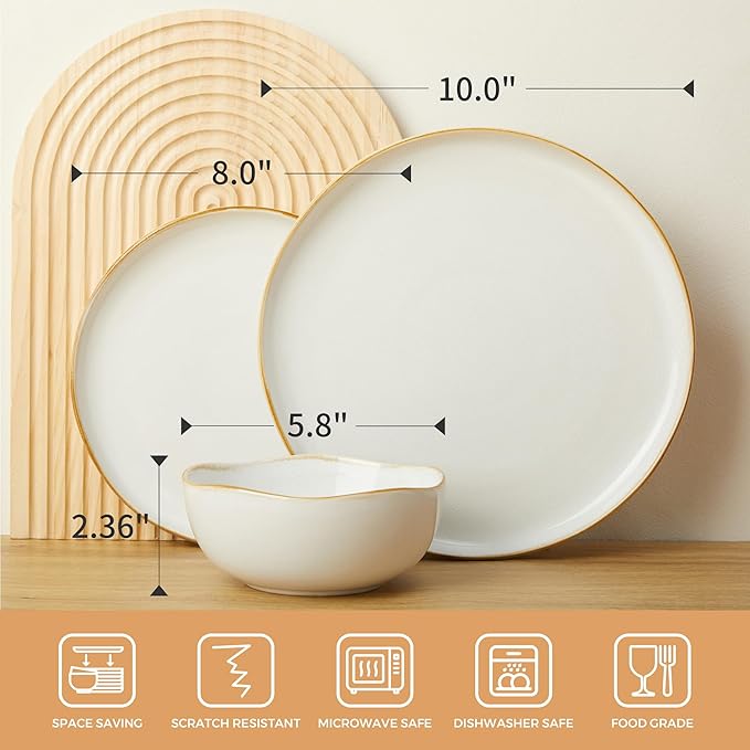 18 Piece White Reactive Glaze Dinnerware Set for 6 Irregular Coastal Shape Stoneware | Elegant &amp Minimal Design for Daily Family Dinners or Weekend Guests