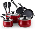 Cook N Home Pots and Pans Nonstick Cookware Set 10-Piece Belly Shape Kitchen Cooking Set with Frying Pans and Saucepans Induction Compatible Marble Red